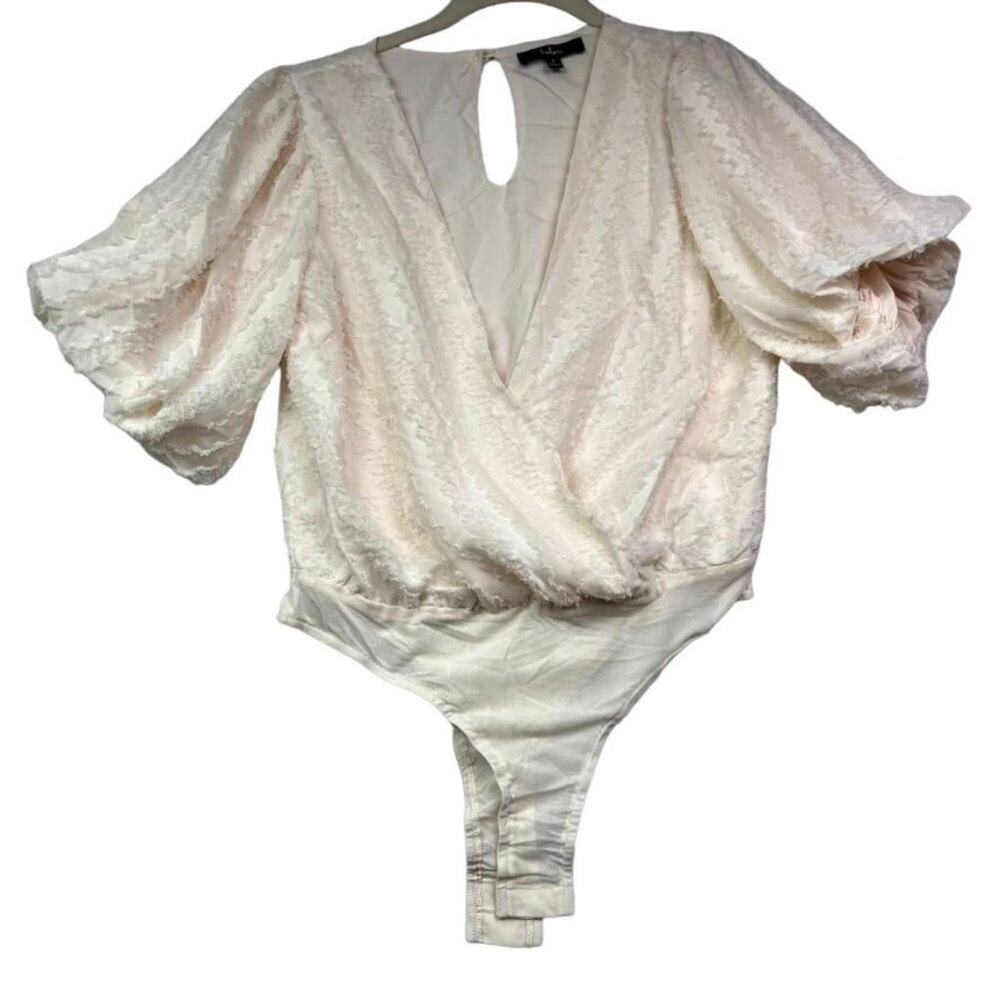 Lulus Bodysuit Small Puff Sleeve Textured Faux Wrap Snap Button Sexy Feminine